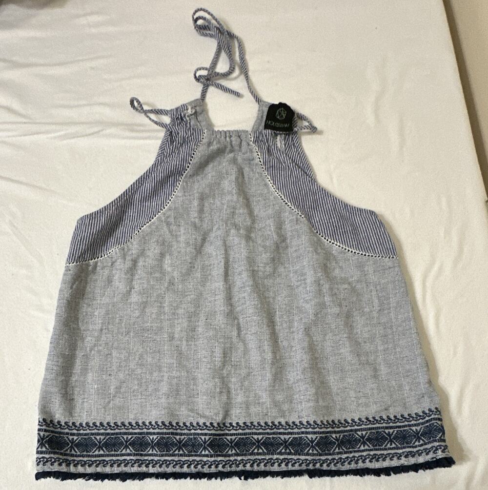 Hologram Women's Blue White Striped Halter Sleeveless Crochet Fringe Tank